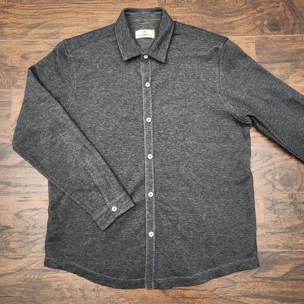 Tommy Bahama Mens Large Gray Heavy Heathered Knit Cotton Blend Button Up Shirt